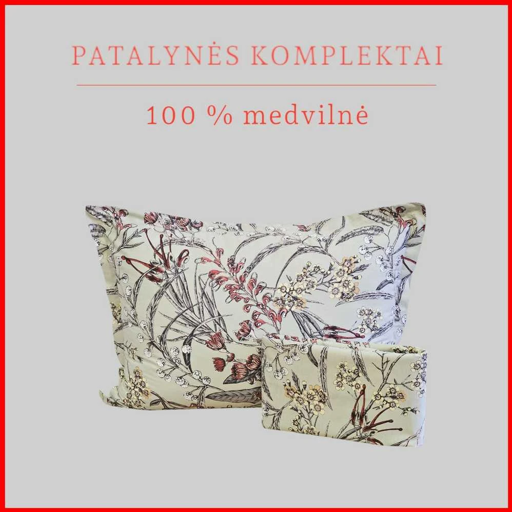 100 proc. medvilnės patalynės komplektas - Antklodės užvalkalas 200x200 cm. + pagalvės užvalkalai 50x70 cm. (2 vnt.)