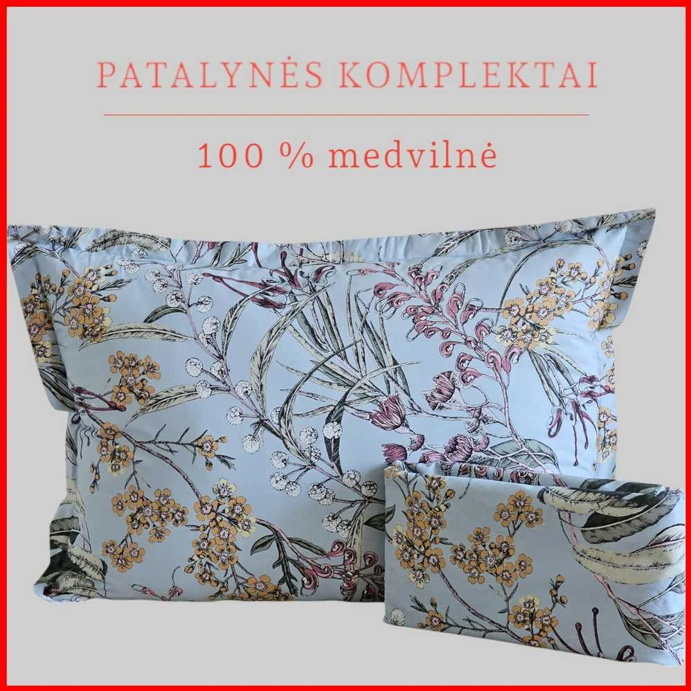 100 proc. medvilnės patalynės komplektas - Antklodės užvalkalas 200x200 cm. + pagalvės užvalkalai 50x70 cm. (2 vnt.)
