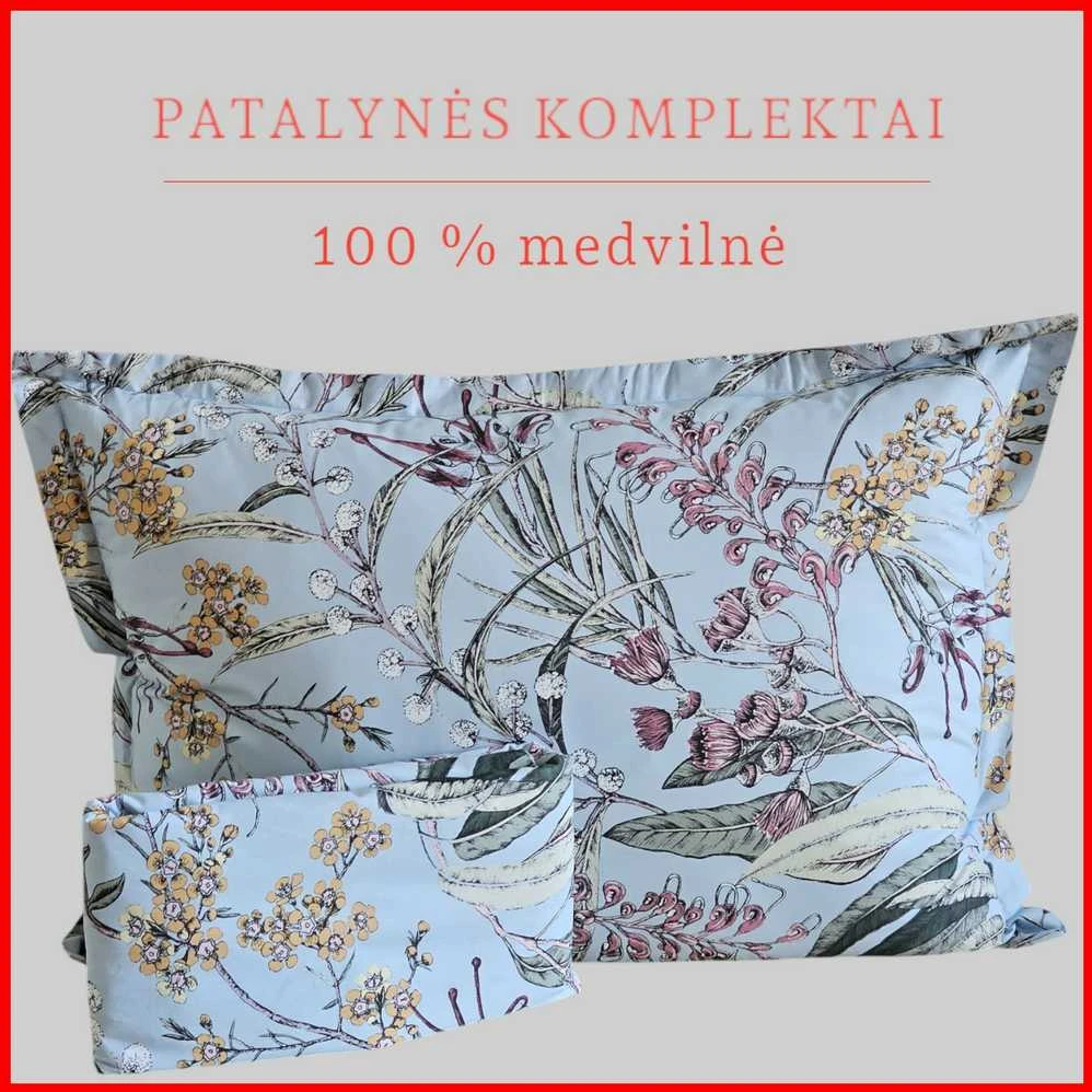 100 proc. medvilnės patalynės komplektas - Antklodės užvalkalas 200x200 cm. + pagalvės užvalkalai 50x70 cm. (2 vnt.)