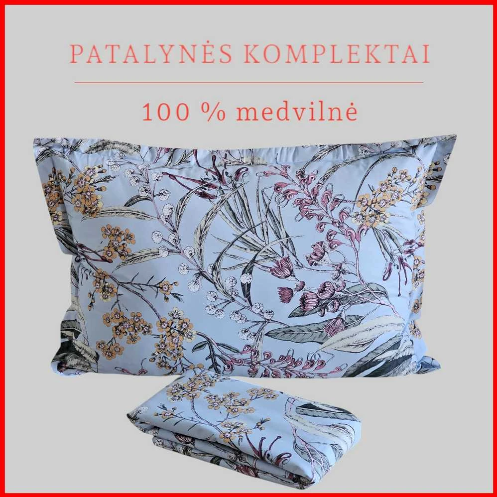 100 proc. medvilnės patalynės komplektas - Antklodės užvalkalas 200x200 cm. + pagalvės užvalkalai 50x70 cm. (2 vnt.)