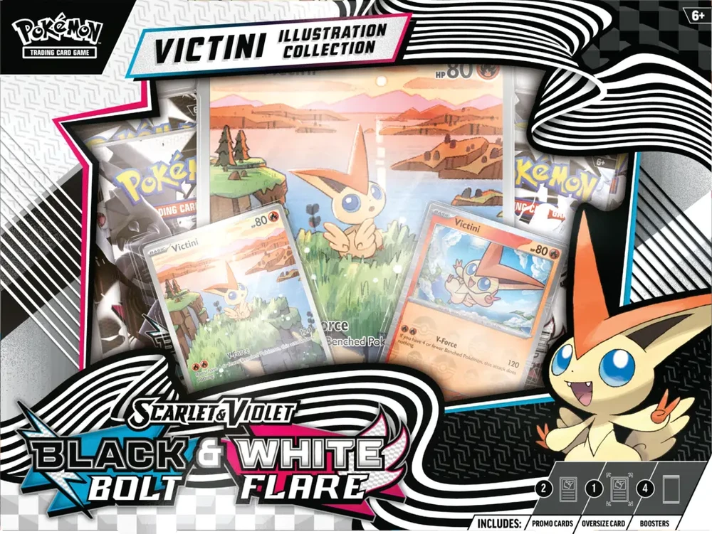The Pokemon „Pokemon Pokemon TCG“: „Scarlet & Violet 10.5“ – Juodas Bolt ir Baltas Flare „Unova Victini“ iliustr. kolekcija