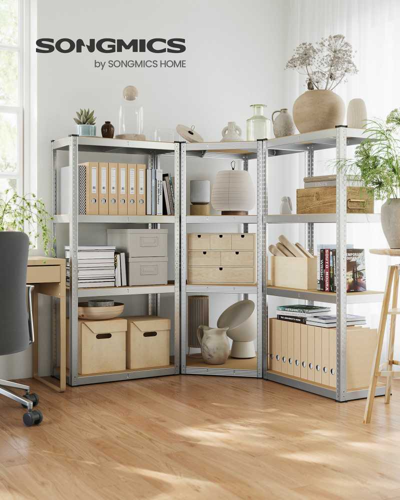 Songmics Kampinių lentynų rinkinys 4 lygių iš metalo sidabro ir natūralios smėlio spalvos