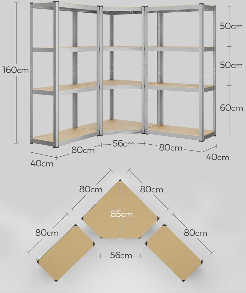 Songmics Kampinių lentynų rinkinys 4 lygių iš metalo sidabro ir natūralios smėlio spalvos