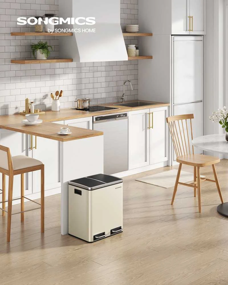 Songmics Atliekų rūšiavimo sistema 3 skyriai 3 x 18 l su dangčiu smėlio smėlio spalvos, rausvai juoda