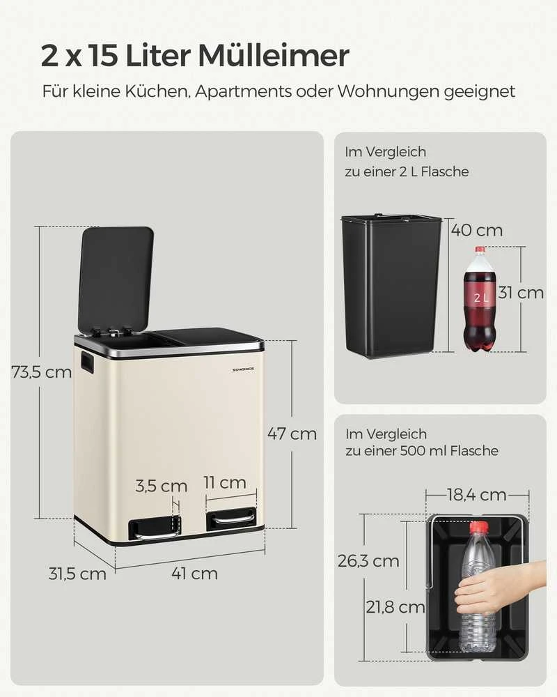 Songmics Atliekų rūšiavimo sistema 3 skyriai 3 x 18 l su dangčiu smėlio smėlio spalvos, rausvai juoda