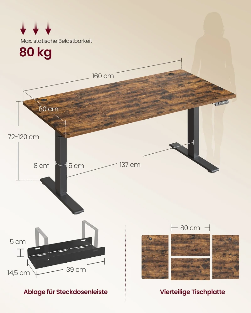 Vasagle Reguliuojamo aukščio stalas 160 × 80 × (72–120) cm