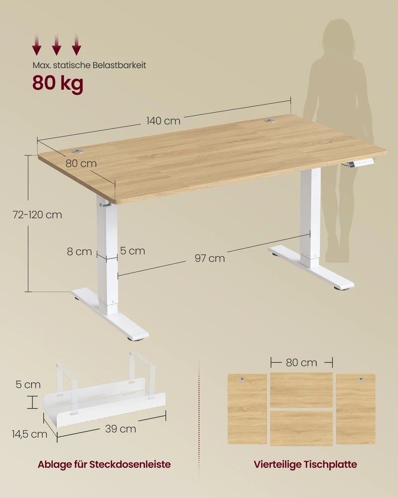 Vasagle Reguliuojamo aukščio stalas 140 × 80 x 72-12-cm
