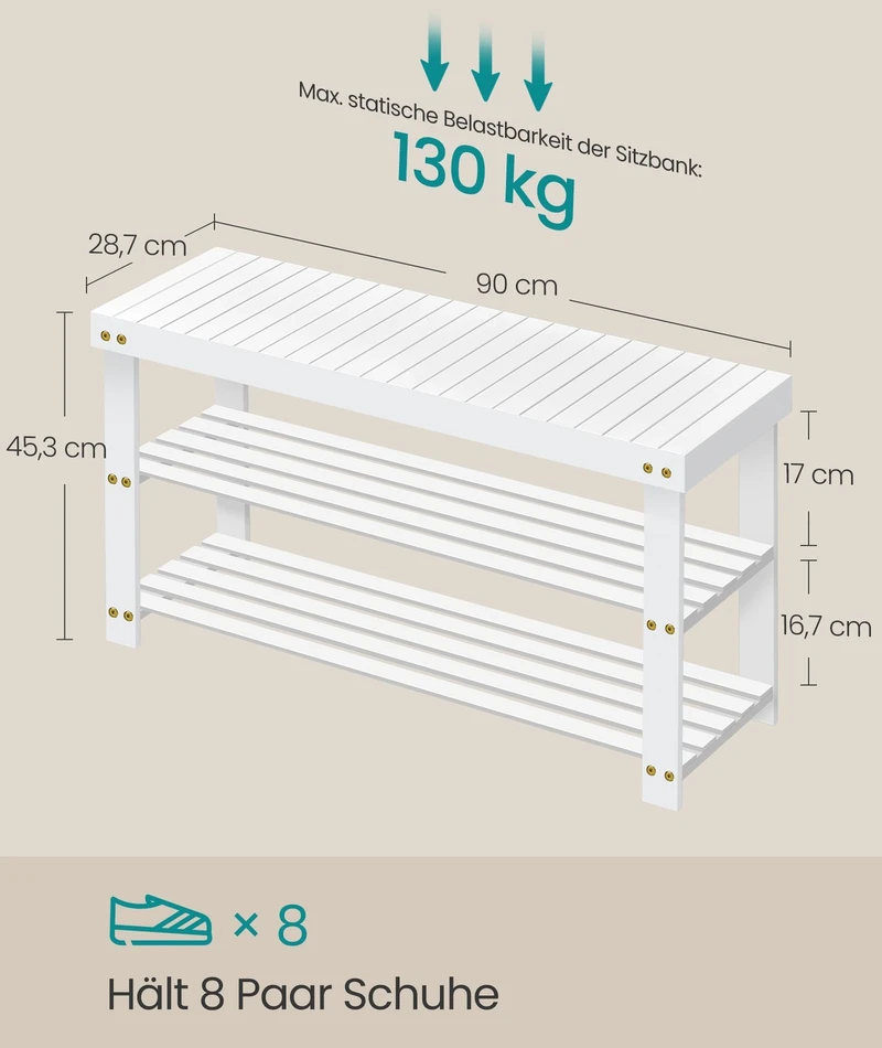 Songmics Batų suoliukas iš bambuko su 3 lentynomis, debesų baltas, 28,7 × 90 × 45,3 cm