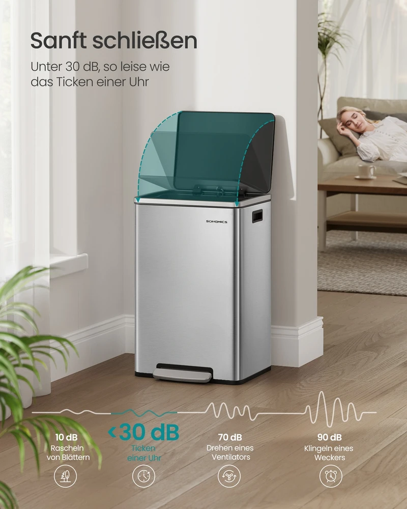 Songmics Šiukšliadėžė su dangčiu, 50 l, sidabrinė