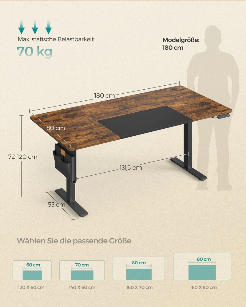 Vasagle Reguliuojamo aukščio stalas 180 x 80 x 72-120cm