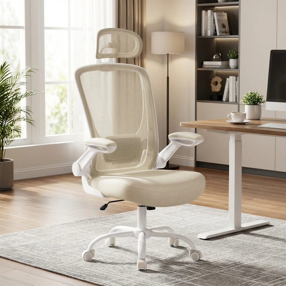 Songmics Ergonominė biuro kėdė su tinkleliu, kapučino spalvos
