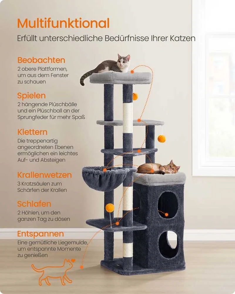 Songmics Kačių draskyklė su urveliais ir platformomis 152cm