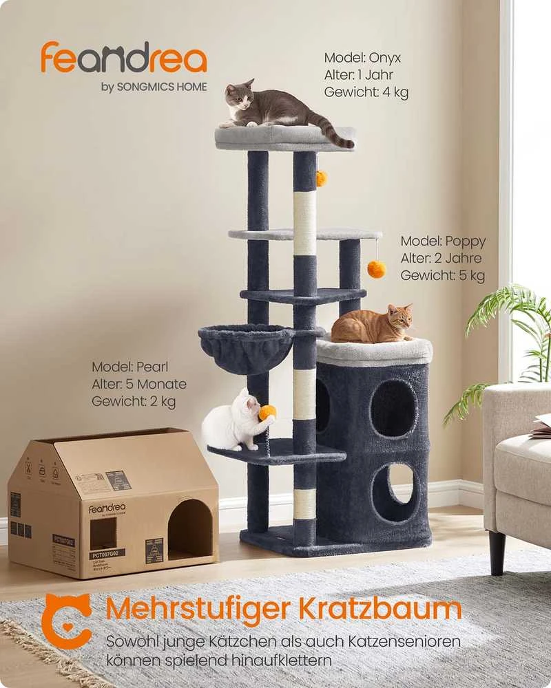 Songmics Kačių draskyklė su urveliais ir platformomis 152cm