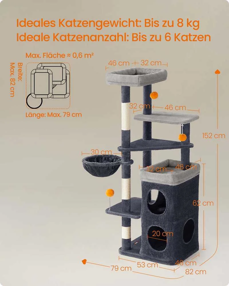 Songmics Kačių draskyklė su urveliais ir platformomis 152cm