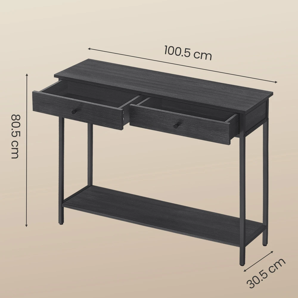 Songmics Konsolinis stalas su 2 metaliniais stalčiais, 30x80x100 cm, juodas