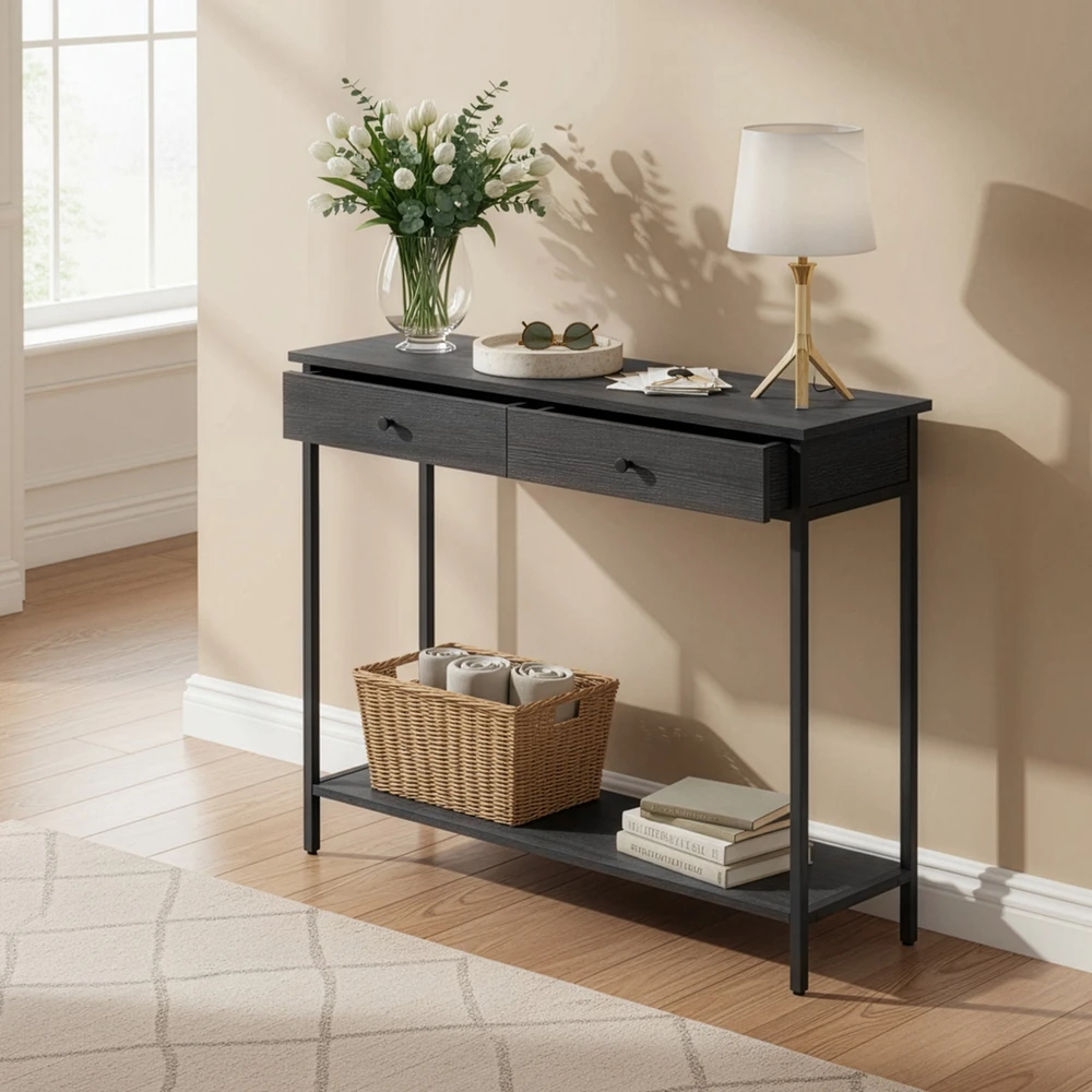 Songmics Konsolinis stalas su 2 metaliniais stalčiais, 30x80x100 cm, juodas