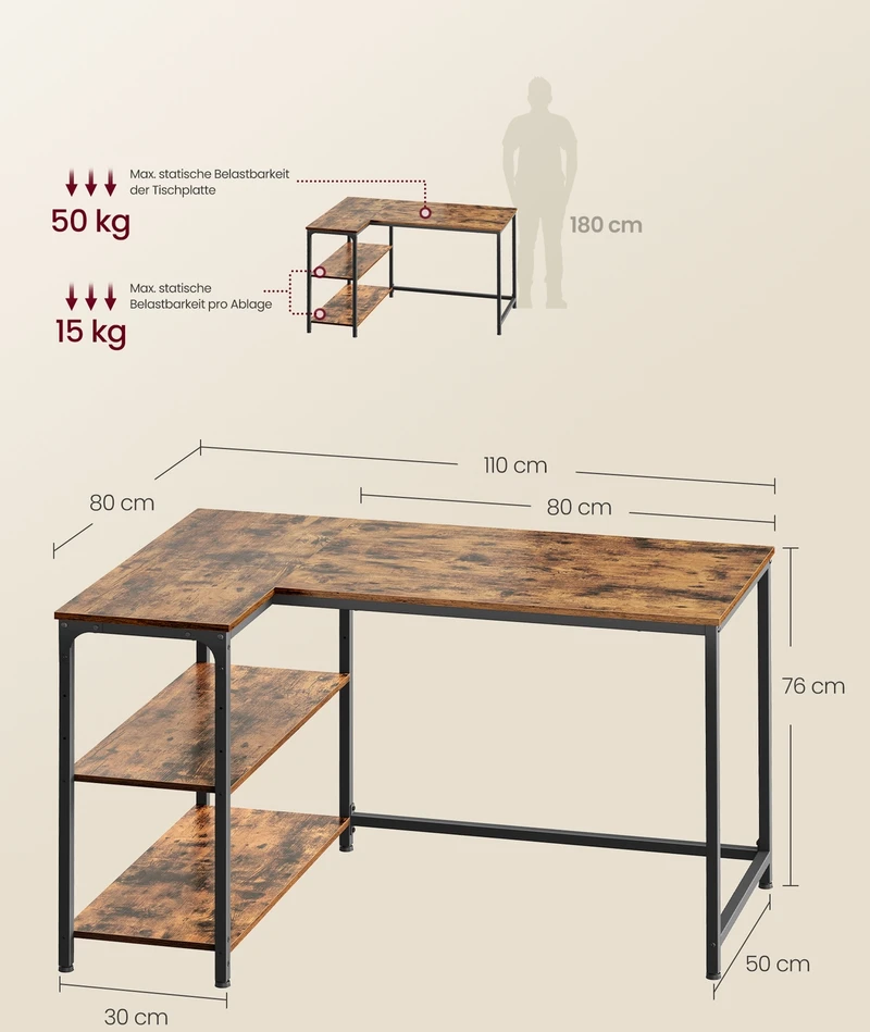 Songmics Kampinis rašomasis stalas ruda 110x80x76cm