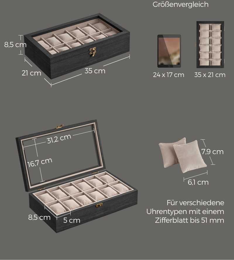 Songmics Laikrodžių dėžutė su 12 skyrių, pagaminta iš medžio masyvo