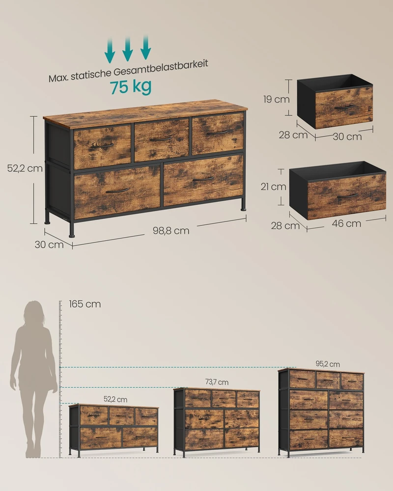 Songmics Laikymo spintelė su 5 medžiaginiais stalčiais 30 x 98,8 x 52,2 cm