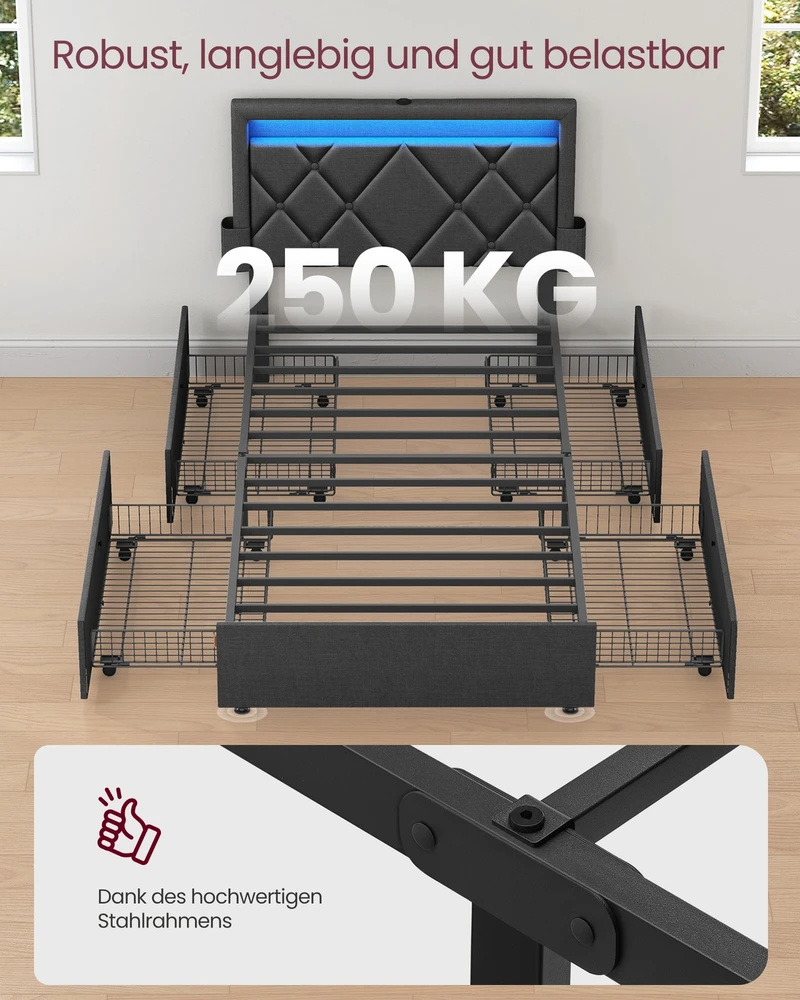 Waszemeble Metalinė lova su LED apšvietimu ir stalčiais