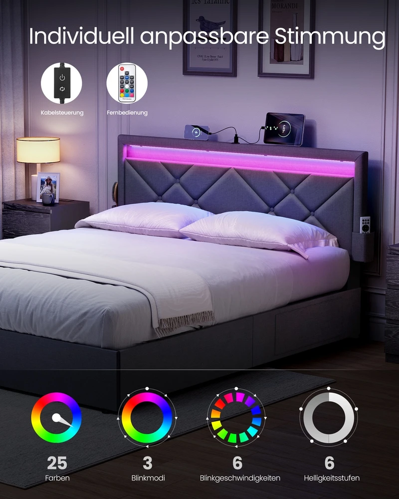 Songmics Metalinė lova su LED apšvietimu ir stalčiais