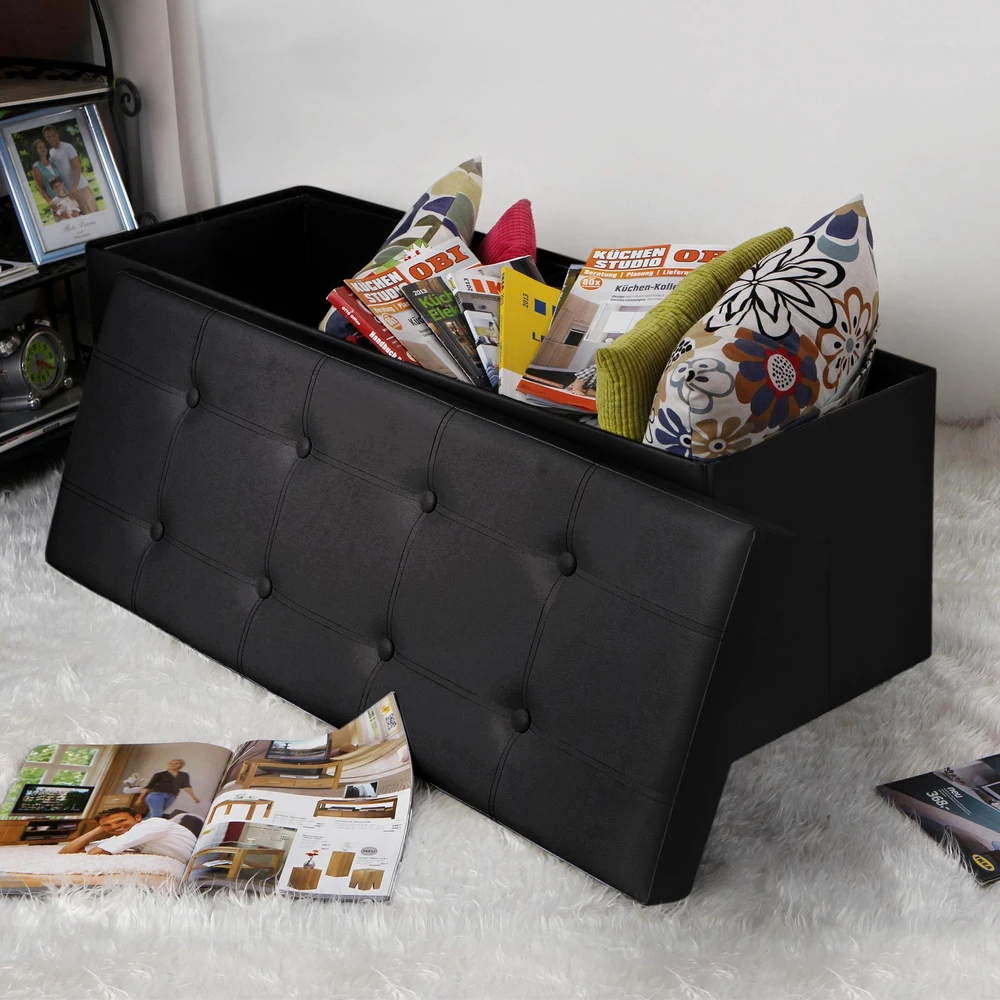 Songmics Minkštas suolas su sandėliavimo vieta 110 cm juodos spalvos