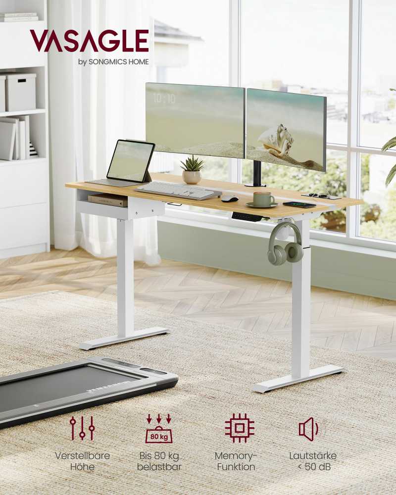 Songmics Vasagle Rašomasis stalas su kištukiniais lizdais ir stalčiumi 60 x 140 cm