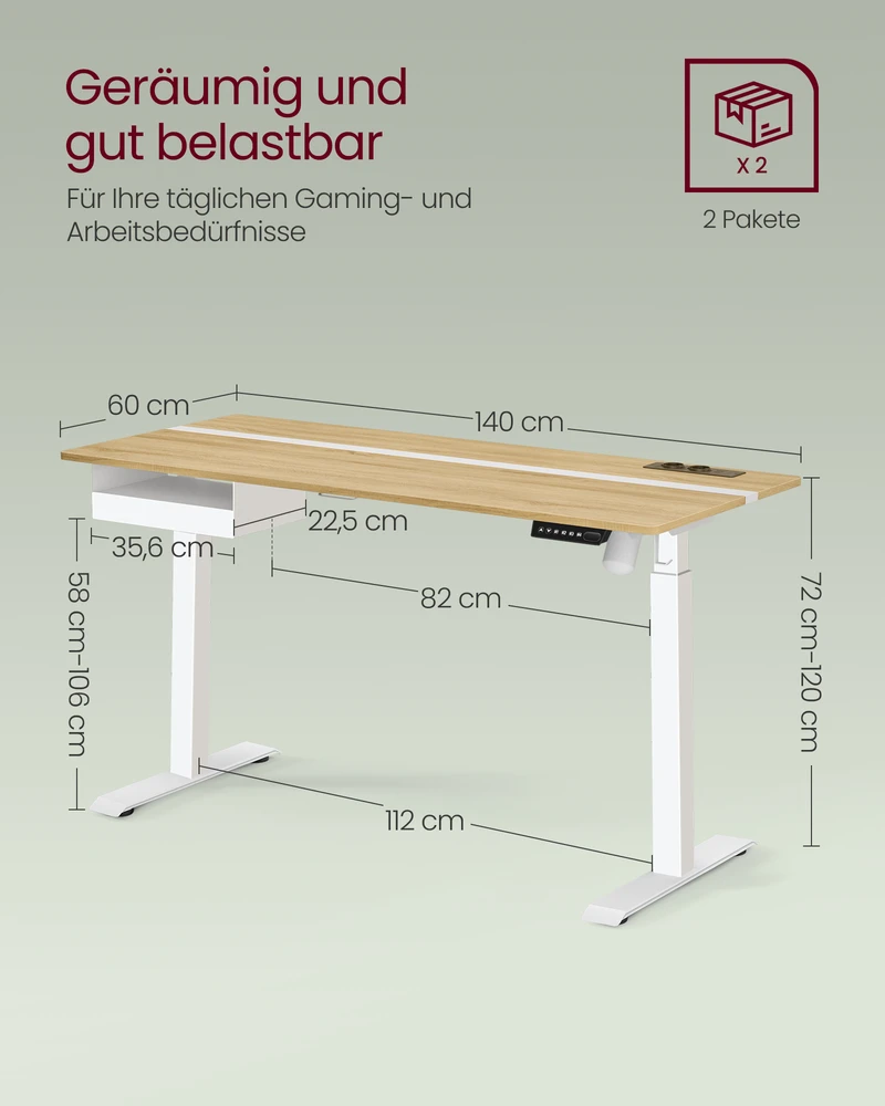 Rašomasis stalas su lizdais ir stalčiumi 60 x 140 cm