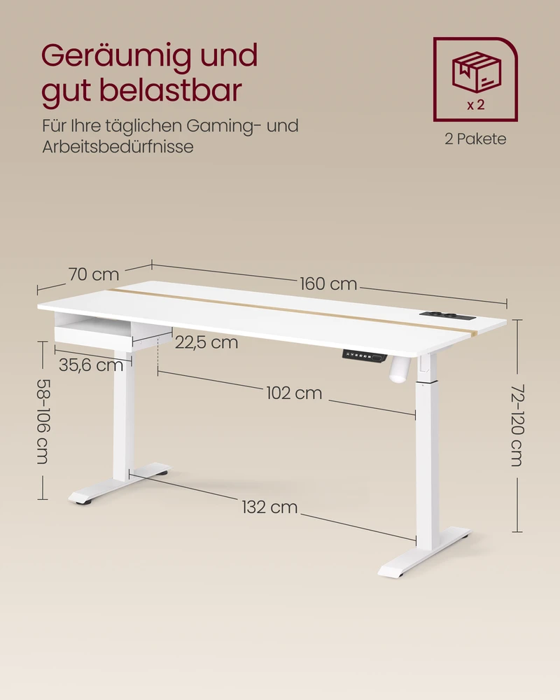 Songmics Vasagle Rašomasis stalas su kištukiniais lizdais ir stalčiumi 70 x 160 cm debesų balto auksinio ąžuolo spalvos