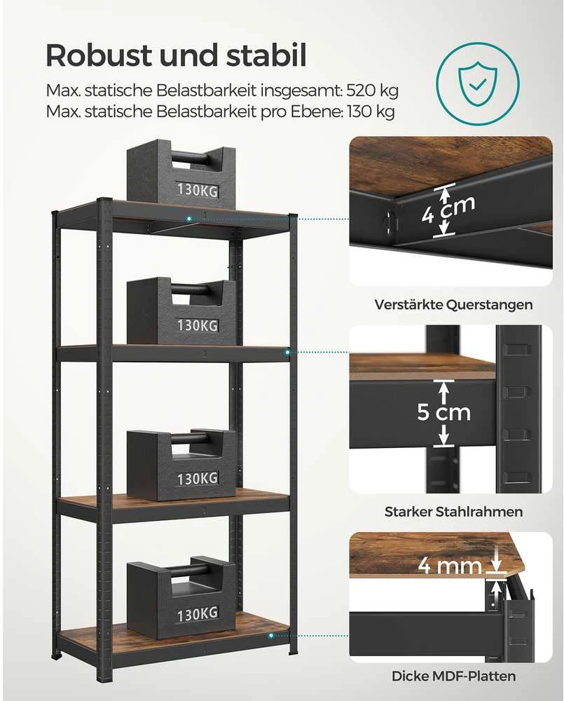 Songmics Reguliuojama stovinti lentyna su 4 lentynomis 40 x 80 x 160 cm vintažinė ruda-juoda