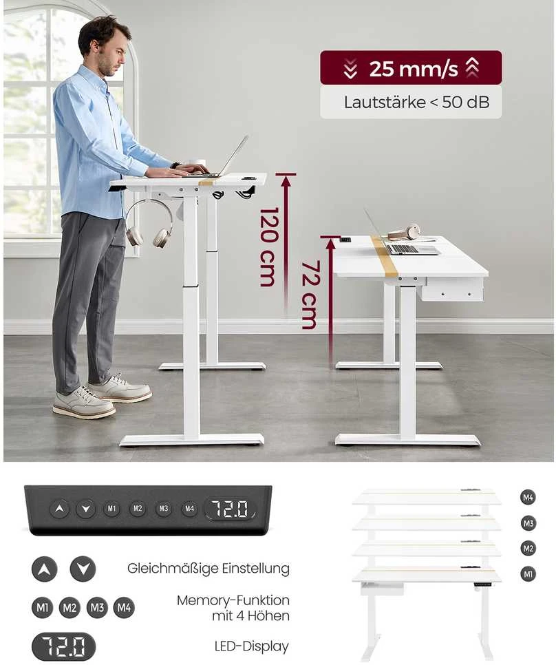 Songmics Vasagle Reguliuojamo aukščio stalas 60 x 140 cm, baltas