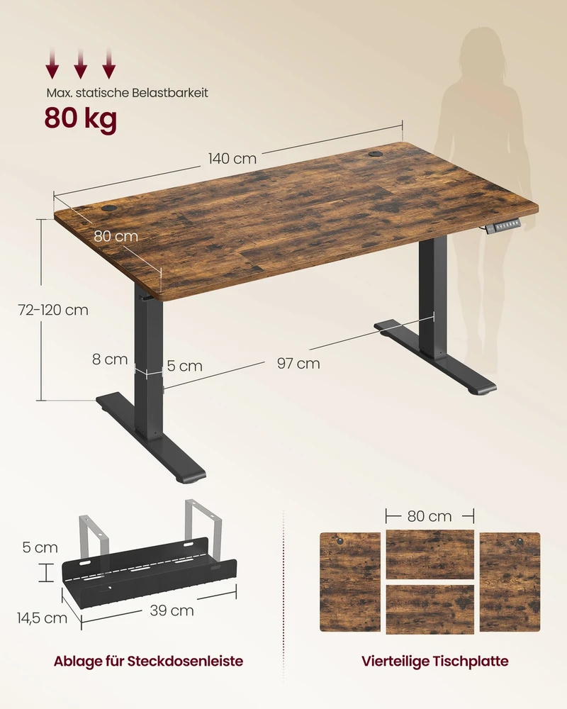 Vasagle Reguliuojamo aukščio stalas 140 × 80 x 72-120cm