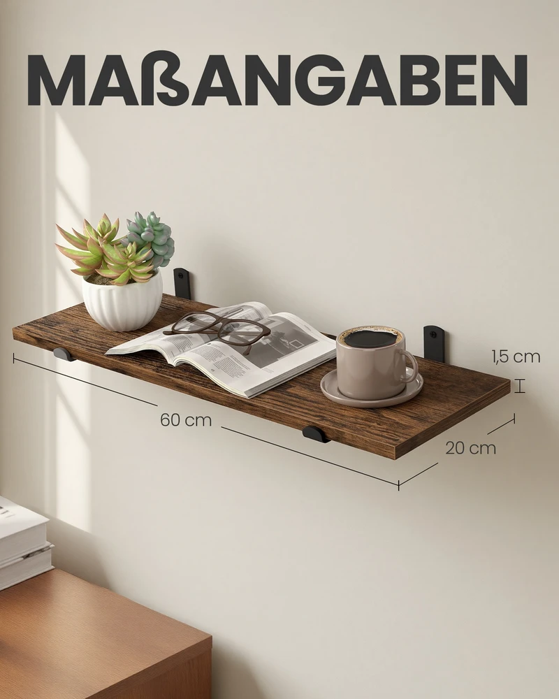 Songmics Sieninė lentyna 20 x 60 x 7 cm, apkrova iki 10 kg, senovinio rudo ir matinio juodo spalvų