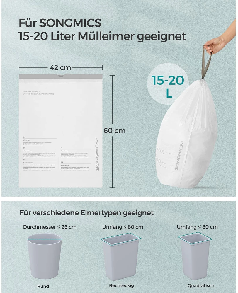 Songmics 15-20 litrų talpos šiukšliadėžių įdėklai su virvele 3 x 40 vnt.