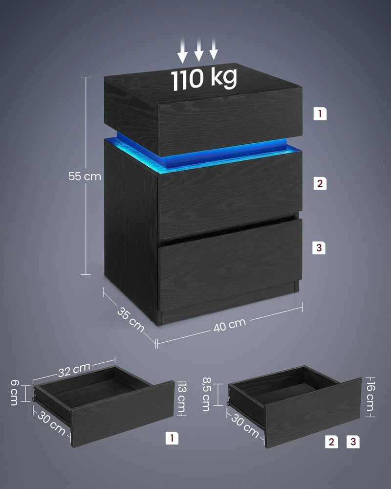 Songmics Vasagle Naktinė spintelė su LED apšvietimu, moderni balta