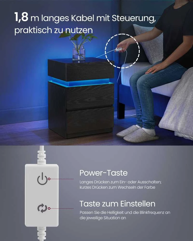 Songmics Vasagle Naktinė spintelė su LED apšvietimu, moderni balta