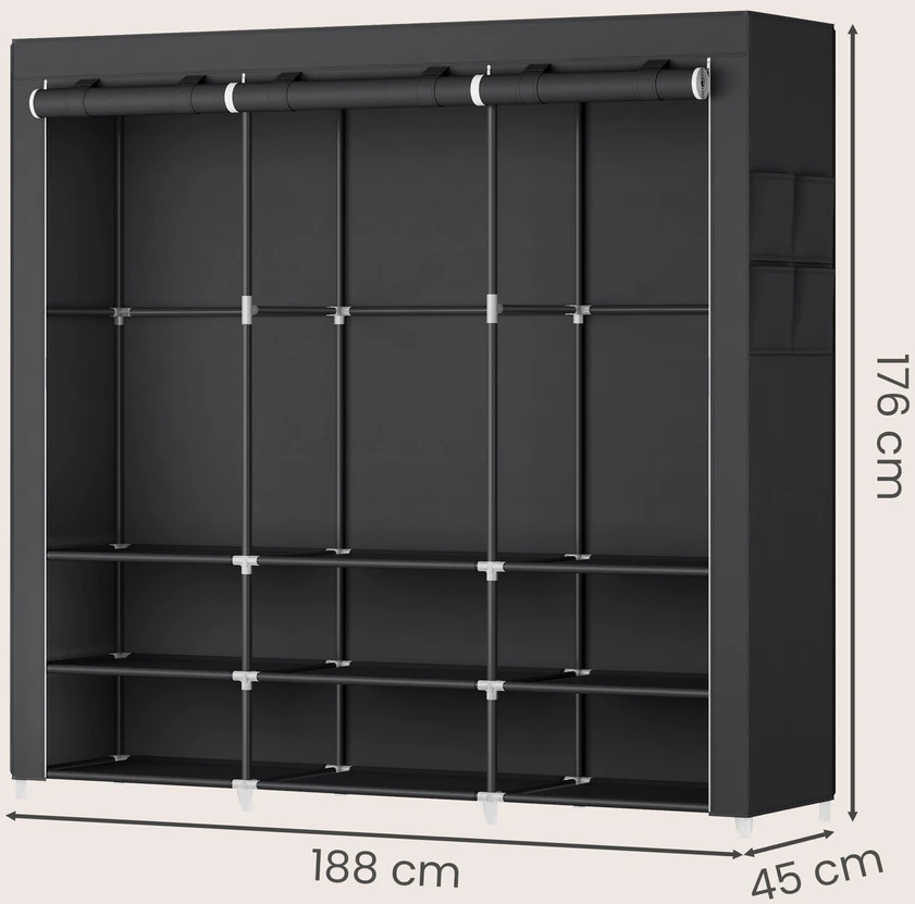 SONGMICS audinio spinta, drabužinė, 45 x 127 x 176 cm, 2 kabinamosios lentynos, su lentynėlėmis, 4 šoninės kišenės, daug vietos, skirta miegamajam, svetainei, pilkos spalvos
