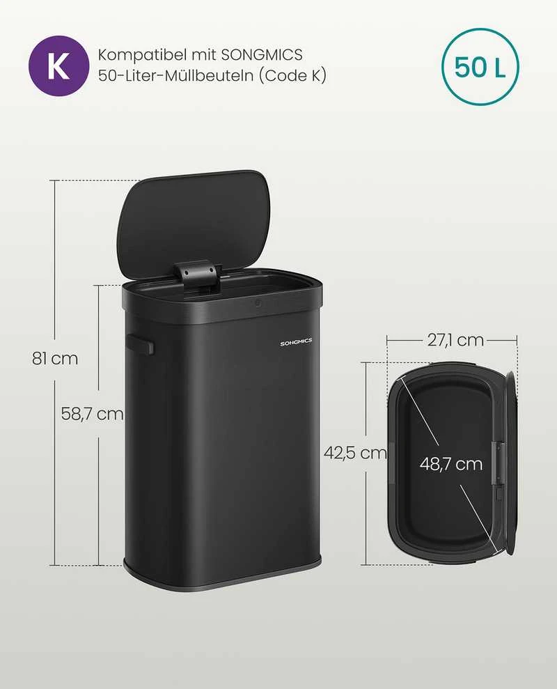 Songmics Automatinė šiukšliadėžė su sensoriumi ir soft-close dangčiu, 50 L