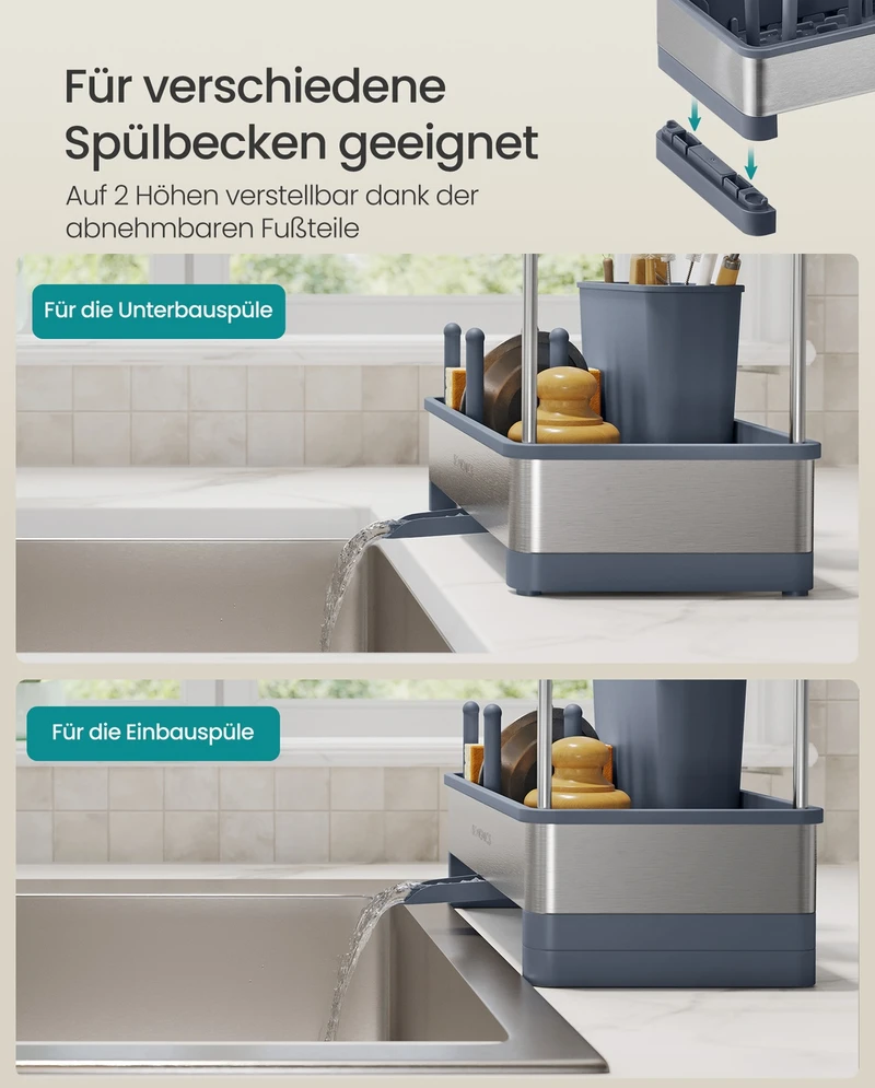 SONGMICS kriauklės organizatorius, virtuvės organizatorius su kempinės laikikliu, kriauklės organizatorius, skirtas šepetėliams, indų plovikliui, virtuvės rankšluosčių laikikliui, nerūdijantis plienas, taupantis vietą, pasukamas nutekėjimas, šiferio pilkos-sidabrinės spalvos