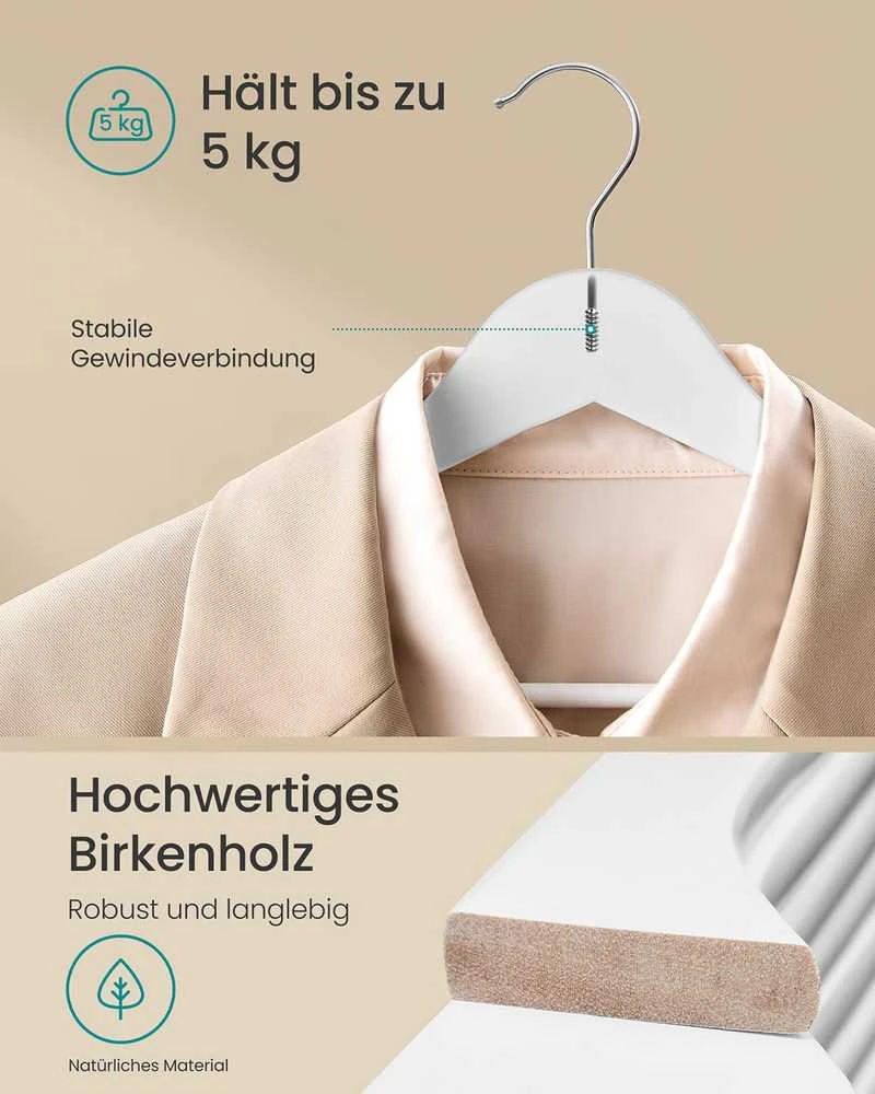 SONGMICS medinių pakabų 30 vnt. rinkinys su 360° pasukamais kabliais, debesų baltumo spalvos