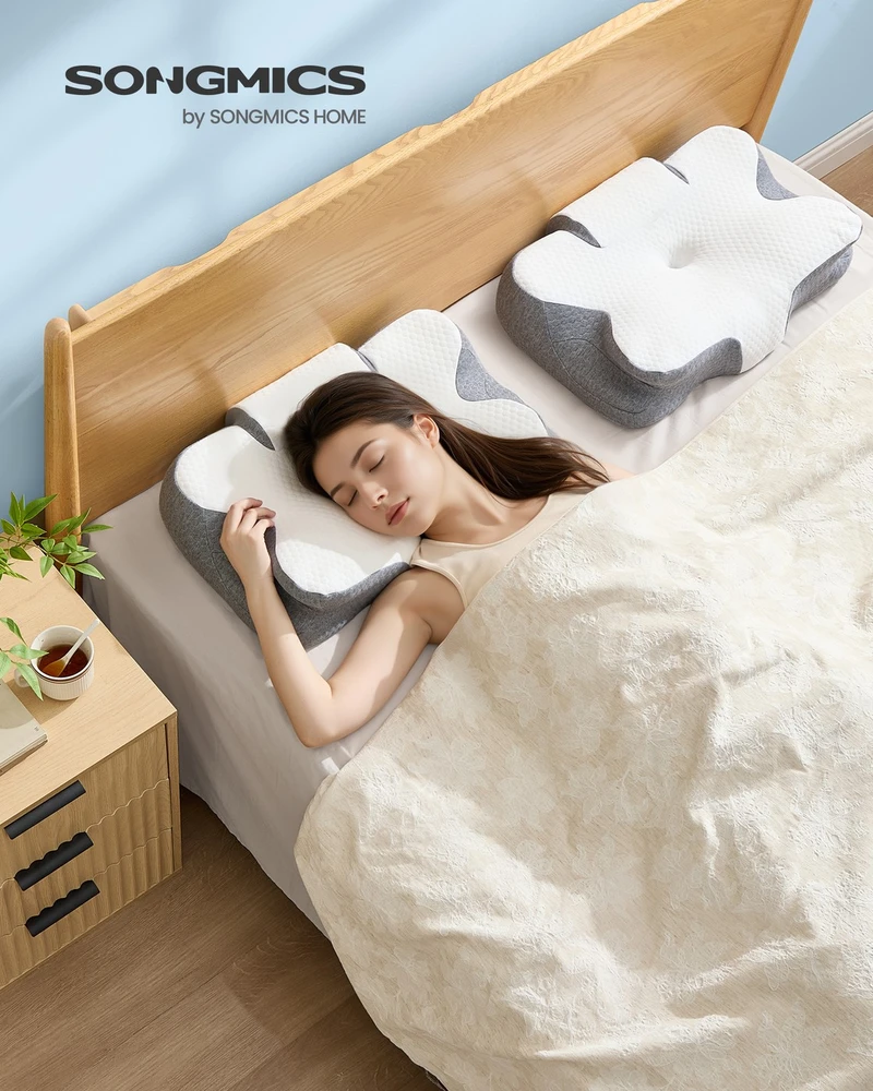 Lova SONGMICS pagalvė, ergonomiška pagalvė, kaklo pagalvė, reguliuojamo aukščio, miego pagalvė, „Memory Foam“ pagalvė, skirta miegantiems ant šono, nugaros ir pilvo, debesų balta-balandžio pilka