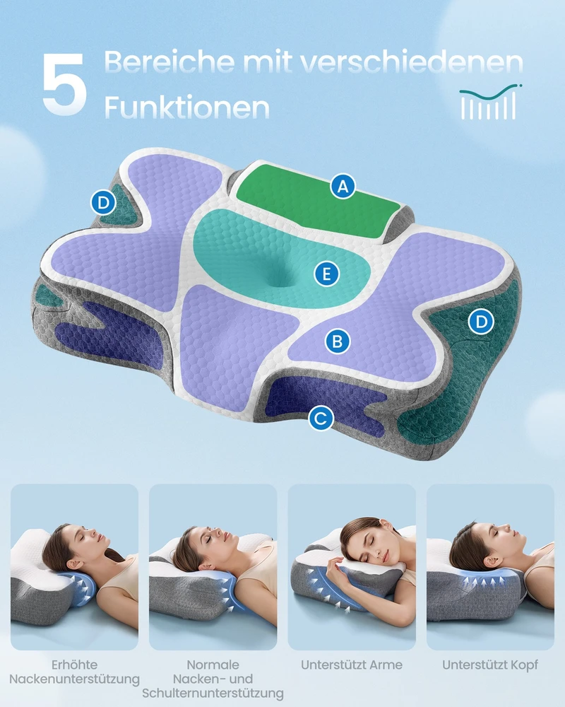 Lova SONGMICS pagalvė, ergonomiška pagalvė, kaklo pagalvė, reguliuojamo aukščio, miego pagalvė, „Memory Foam“ pagalvė, skirta miegantiems ant šono, nugaros ir pilvo, debesų balta-balandžio pilka