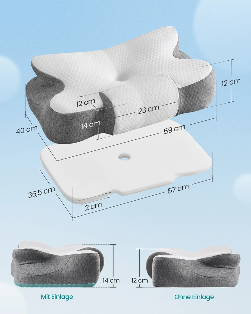 Lova SONGMICS pagalvė, ergonomiška pagalvė, kaklo pagalvė, reguliuojamo aukščio, miego pagalvė, „Memory Foam“ pagalvė, skirta miegantiems ant šono, nugaros ir pilvo, debesų balta-balandžio pilka