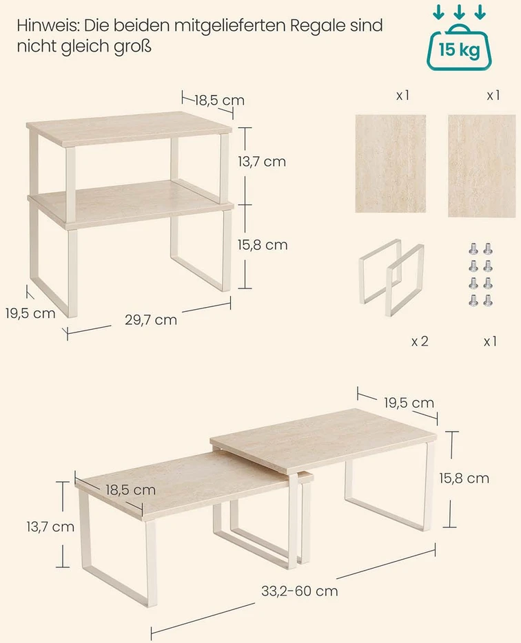 SONGMICS prieskonių lentynos, 2 vnt. rinkinys, sukraunamas, 29,7 cm pločio, travertino smėlio spalvos-kreminės baltos spalvos