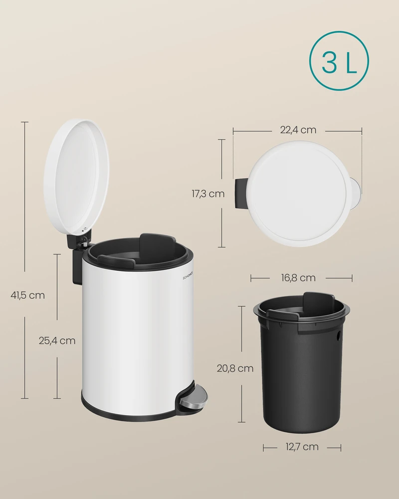 Songmics Šiukšliadėžė su Softclose dangčiu 3 l