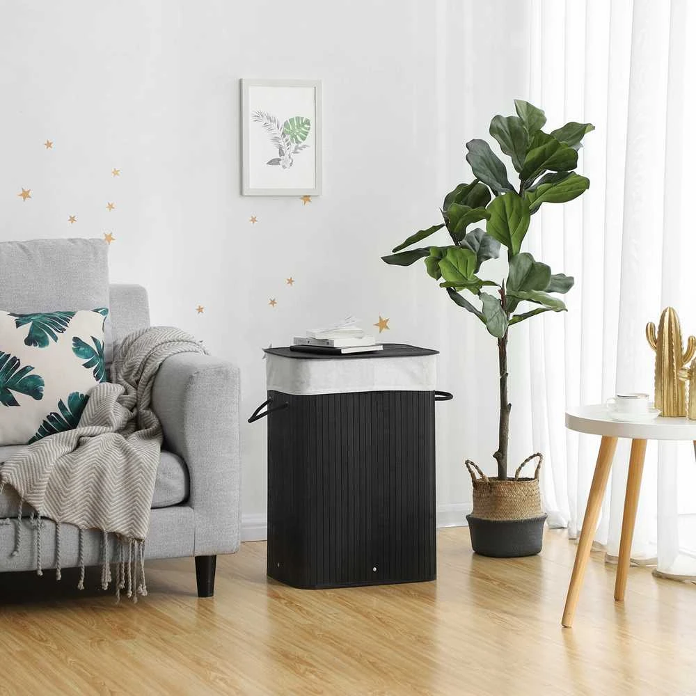 Songmics Bambuko skalbinių dėžė 72 L juoda