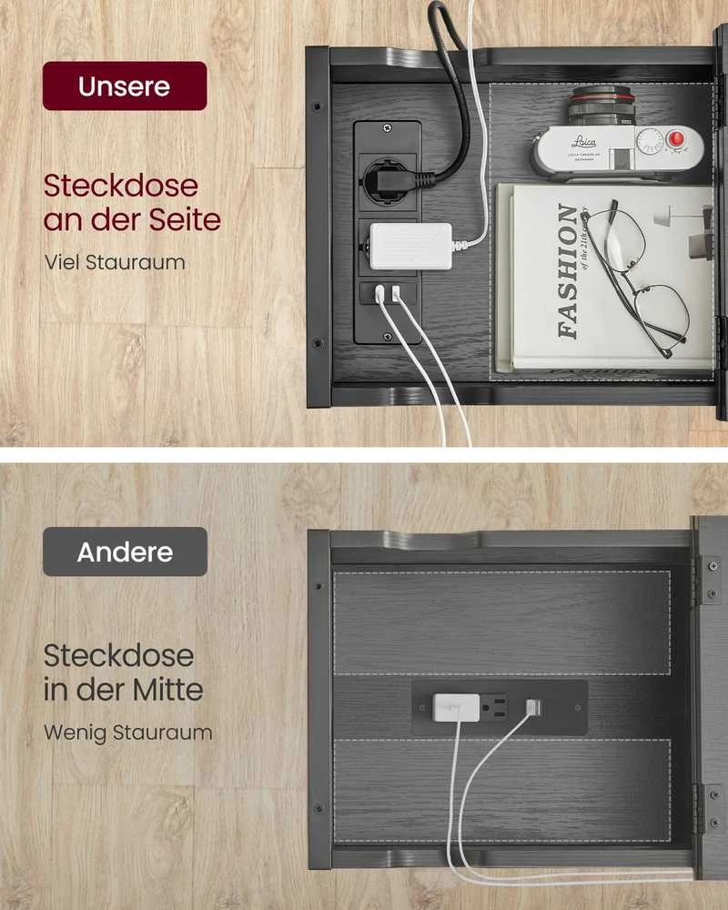 Vasagle Šoninis staliukas su elektros lizdu ir USB jungtimis, juodas su medžio tekstūra
