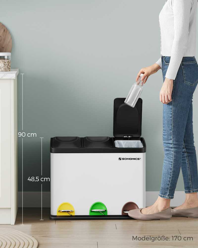 Šiukšliadėžė 3 x 15 litrų su dangteliu ir vidine šiukšliadėže balta-juoda