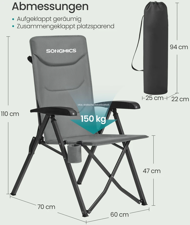 Songmics Stovyklavimo kėdė 70 x 60 x 110 cm