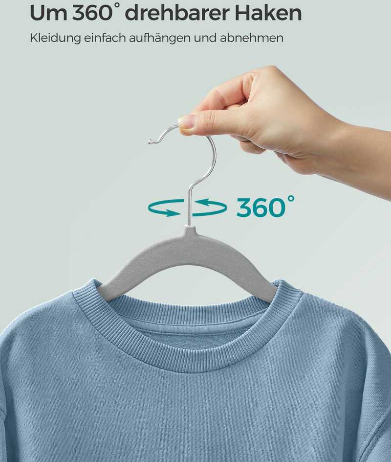 Vaikiškų drabužių kabyklų rinkinys 50 su 360° besisukančiais kabliukais, balandžių pilka